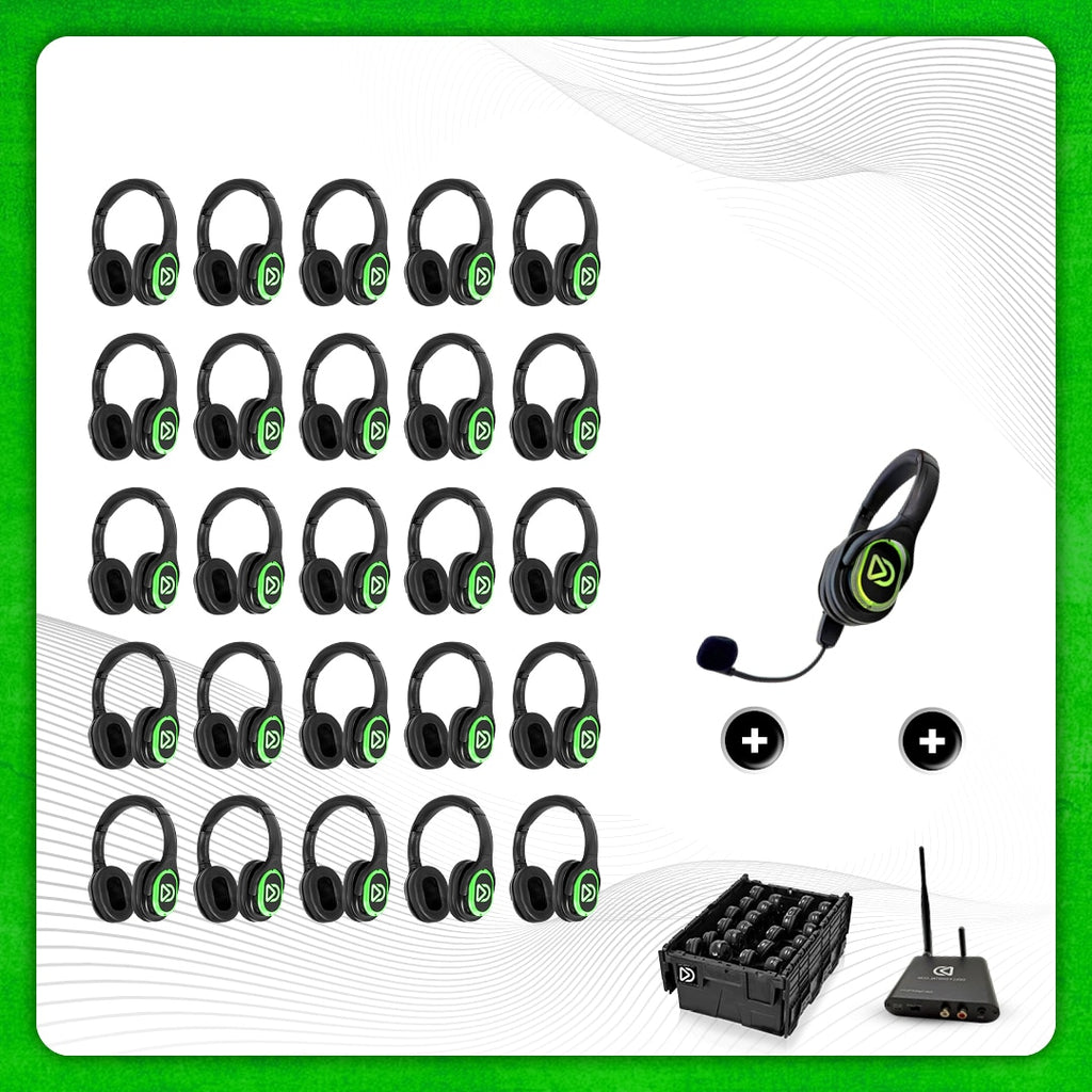25x type RD-Pro Headsets + 1x Microfoon + Bluetooth. Premium Silent Disco pro kit met storage box