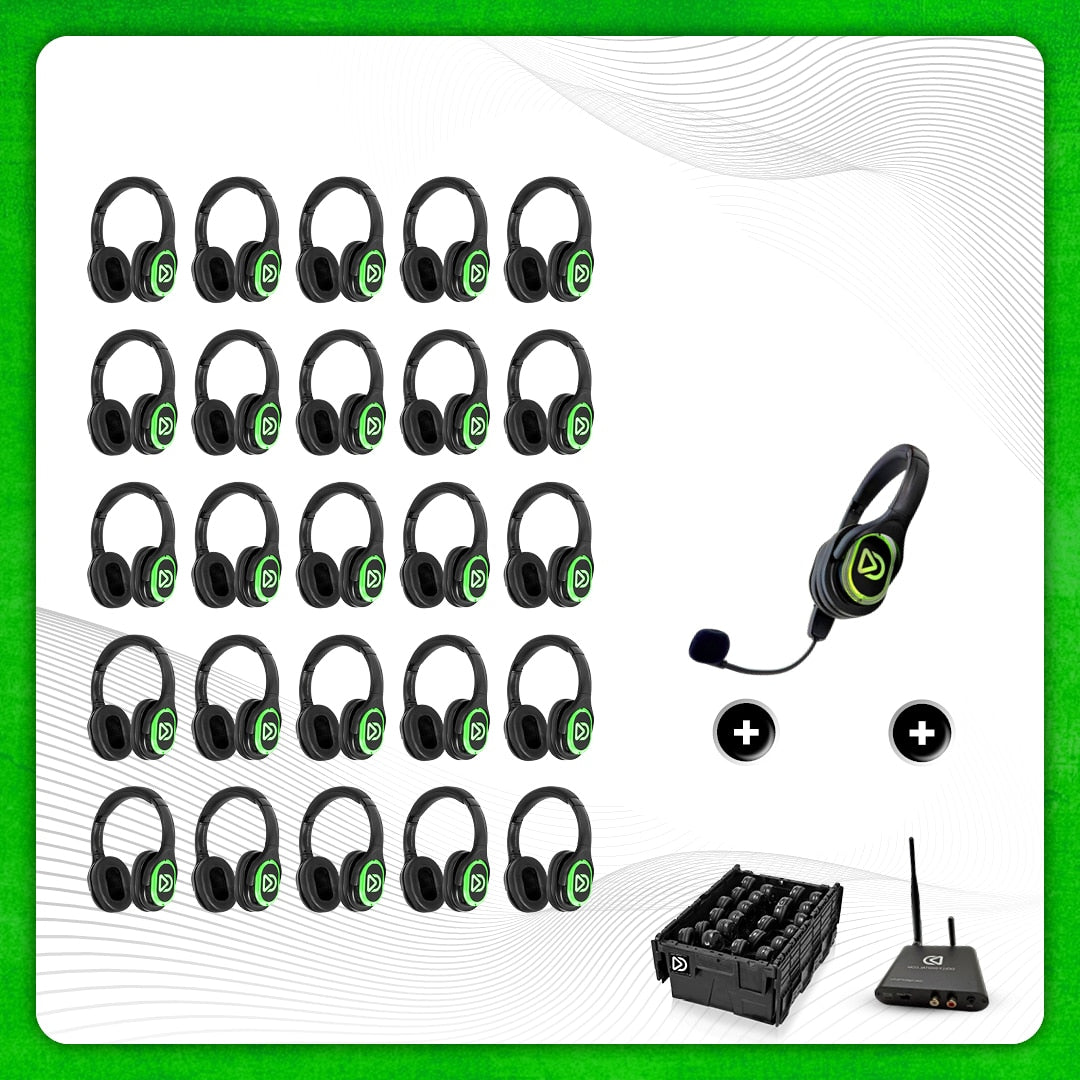 25x type RD-Pro Headsets + 1x Microfoon + Bluetooth. Premium Silent Disco pro kit met storage box