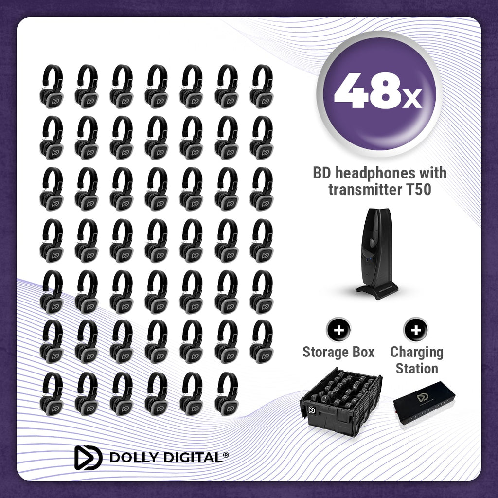 Pro Box BD 48. Silent Disco pro kit met T50 zender, oplaadstation en een storage box