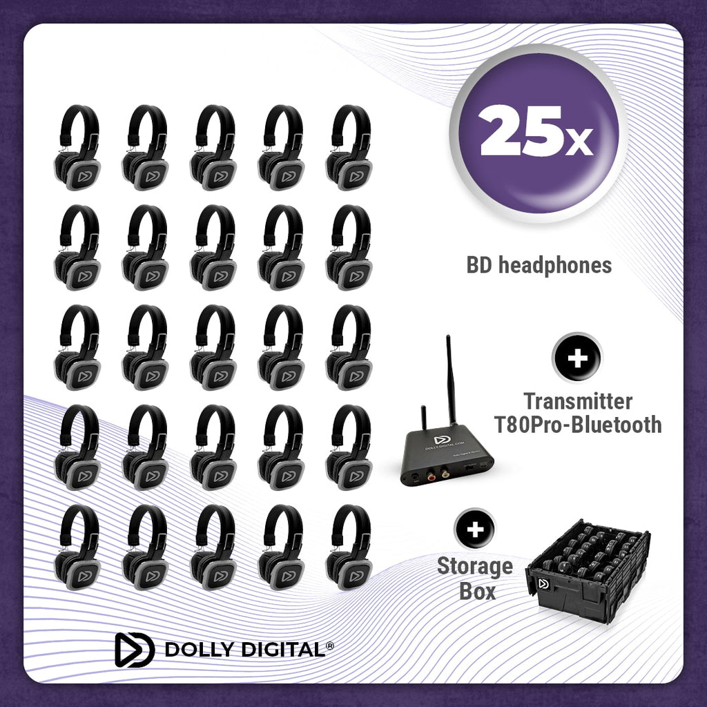 Pro Box BD 25. Silent Disco pro kit met T80 Pro Bluetooth zender en een storage box