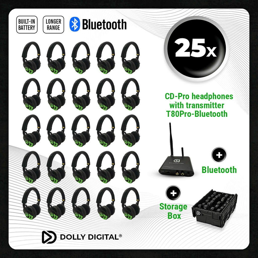 Pro Box CD-Pro 25. Premium Silent Disco pro kit, T80 Pro Bluetooth zender met storage box