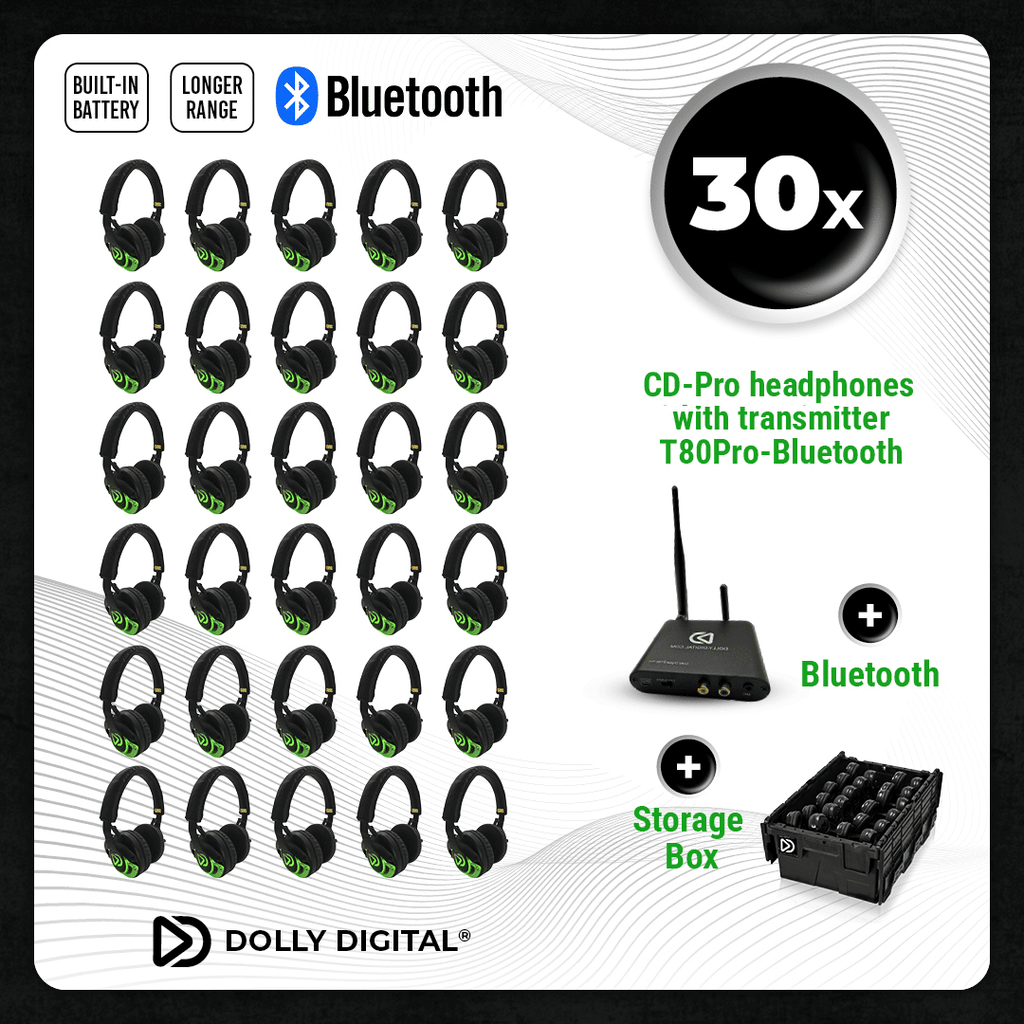Pro Box CD-Pro 30. Premium Silent Disco pro kit, T80 Pro Bluetooth zender met storage box