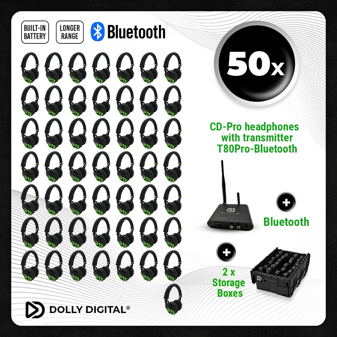 Pro Box CD-Pro 50. Premium Silent Disco pro kit, T80 Pro Bluetooth zender met storage boxen