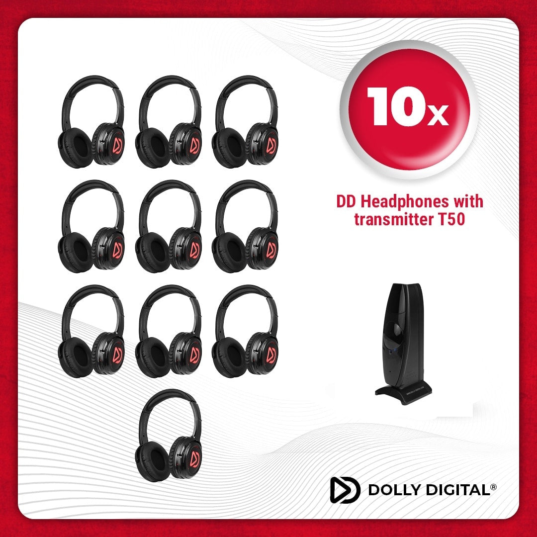 Dolly Digital® Silent Disco Set – 10 Dolly Digital® draadloze koptelefoons + zender
