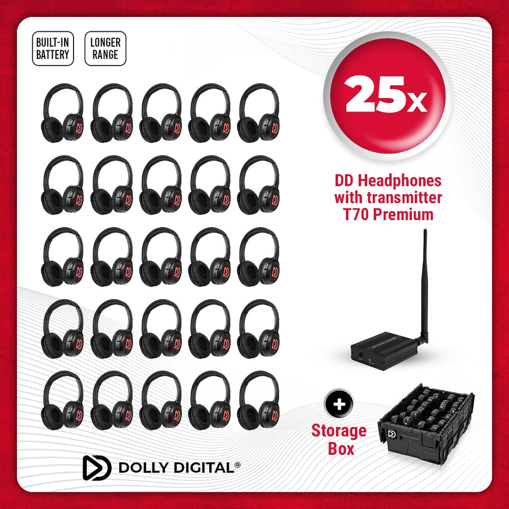 Dolly Digital® Silent Disco Pro Kit – 25 auscultadores sem fios para grupos, com emissor e caixa de armazenamento incluídos