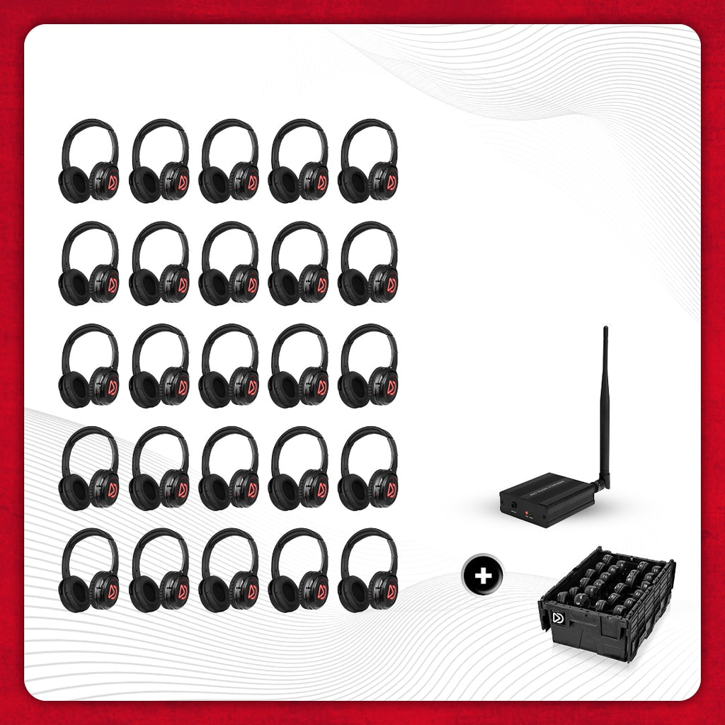 Dolly Digital® Silent Disco Pro Kit – 25 auscultadores sem fios para grupos, com emissor e caixa de armazenamento incluídos