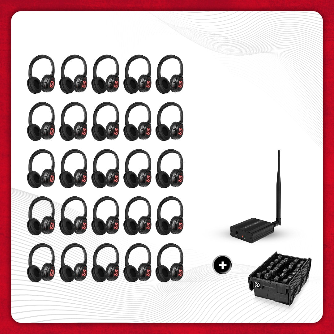 Dolly Digital® Silent Disco Pro Kit – 25 auscultadores sem fios para grupos, com emissor e caixa de armazenamento incluídos