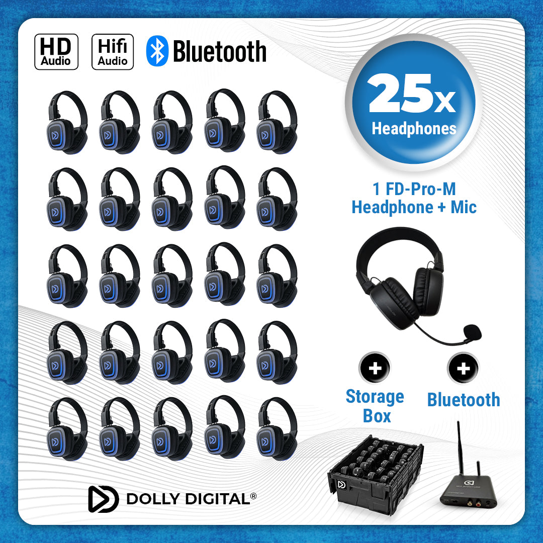 25x type FD-Pro Headsets + 1x Microfoon + Bluetooth. Premium draadloze koptelefoons voor groepen Pro-Kit met storage box