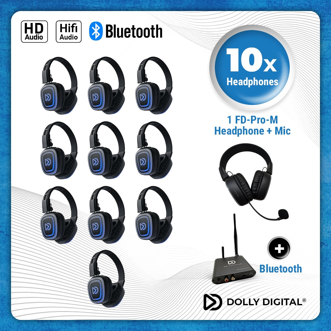 10x type FD-Pro Headsets + 1x Microfoon + Bluetooth. Premium Silent Disco pro kit