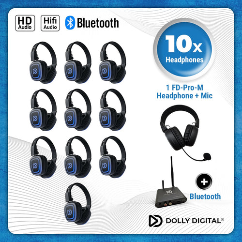 10x type FD-Pro Headsets + 1x Microfoon + Bluetooth. Premium Silent Disco pro kit