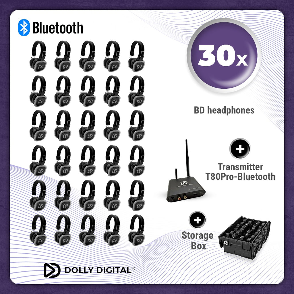 Pro Box BD 30. Silent Disco pro kit met T80 Pro Bluetooth zender en een storage box