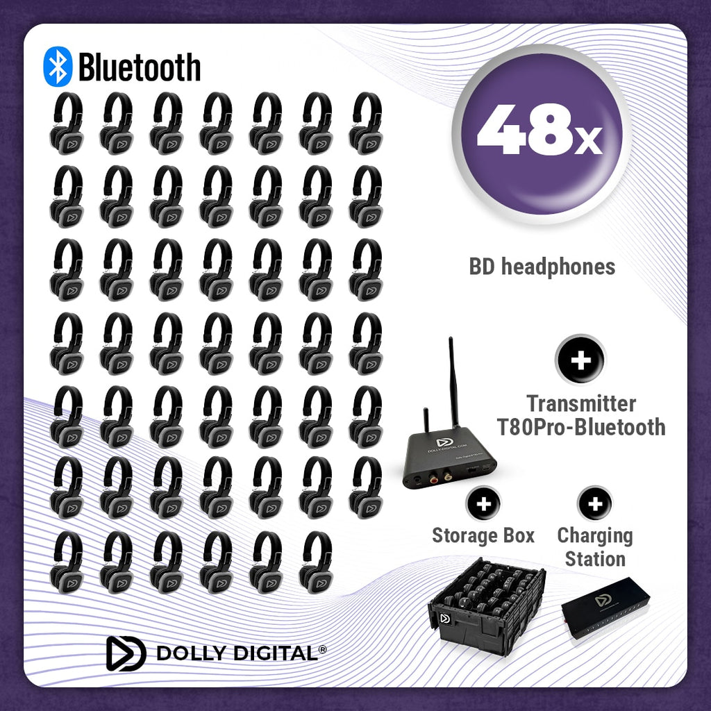 Pro Box BD 48. Silent Disco pro kit met T80 Pro Bluetooth zender, oplaadstation en een storage box