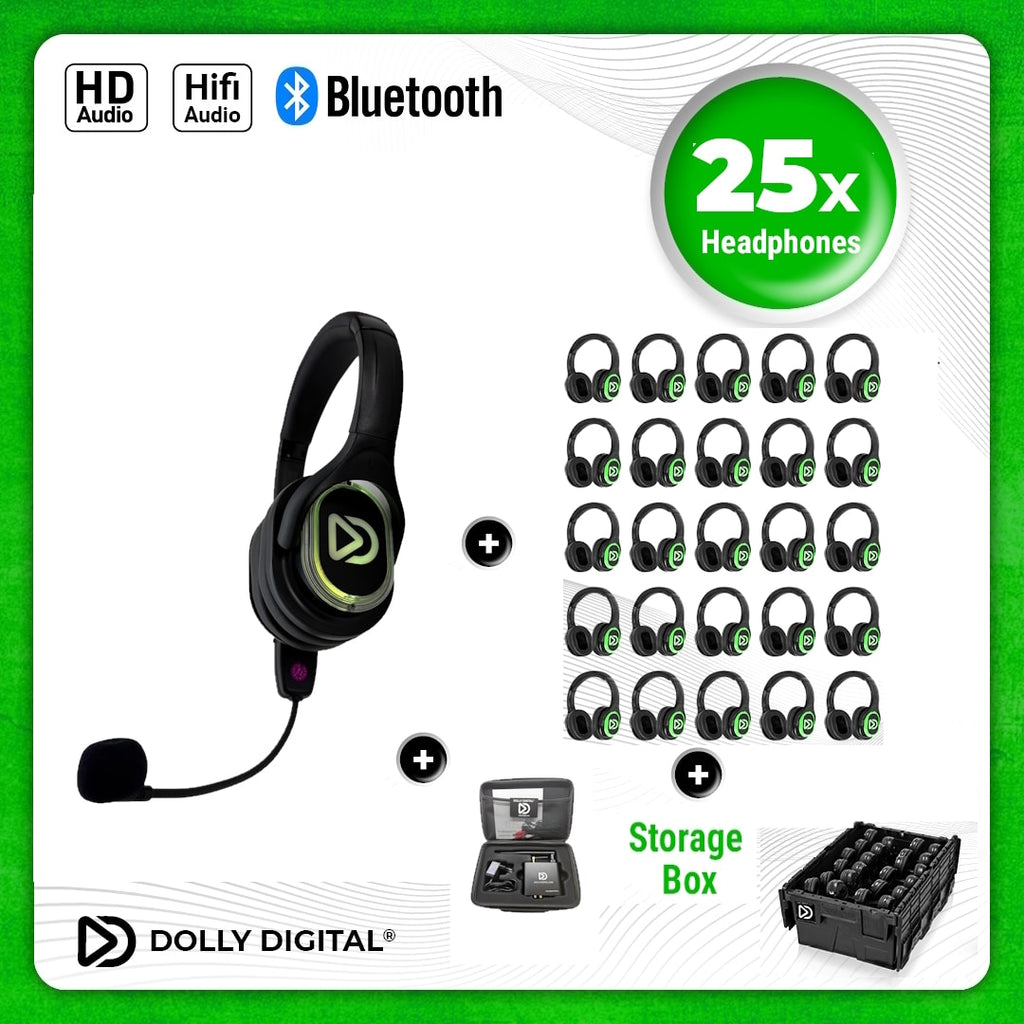 25x type RD-Pro Headsets + 1x Microfoon + Bluetooth. Premium Silent Disco pro kit met storage box