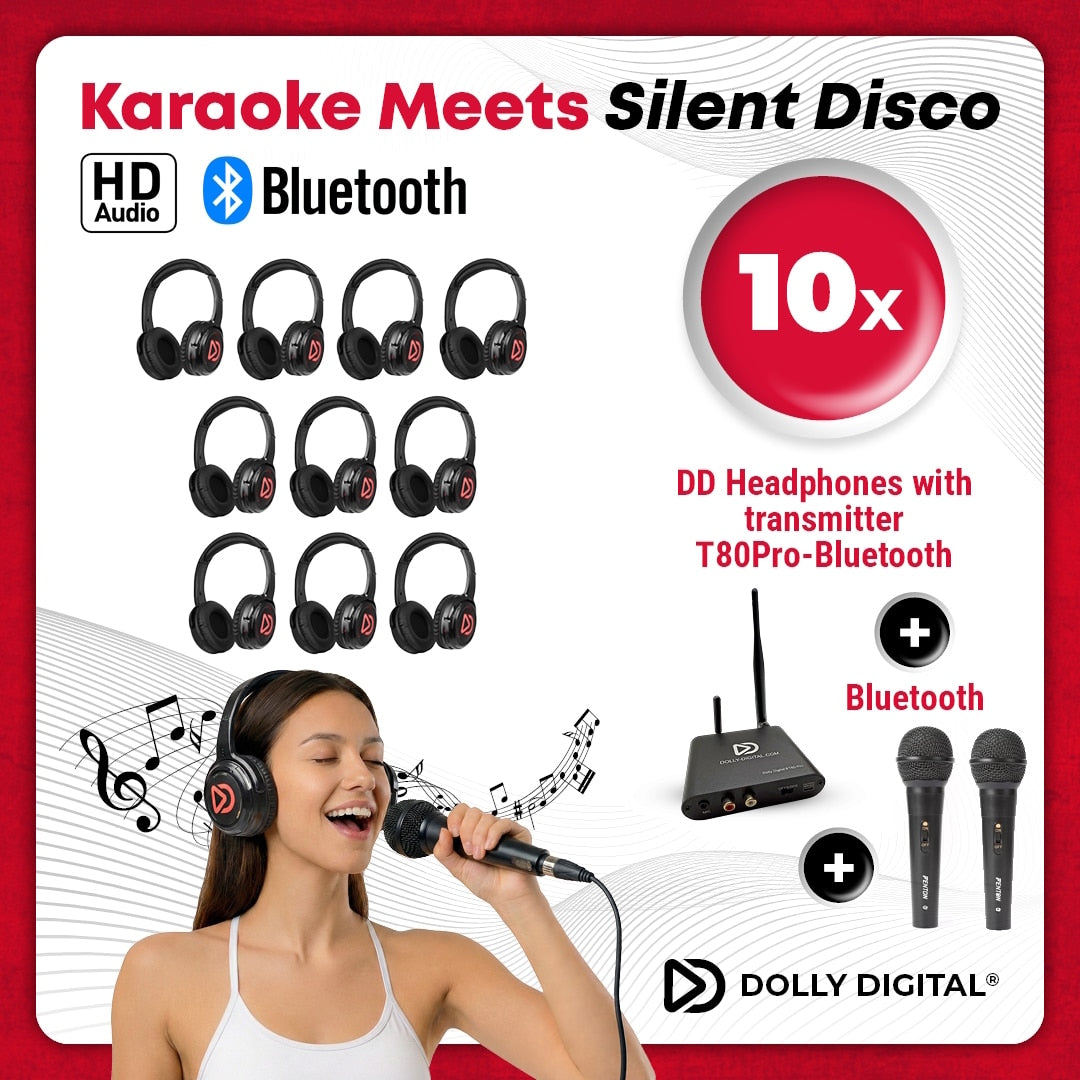 Karaoke Silent Disco set met 10 Dolly Digital® DD Headsets + T80 Pro Bluetooth zender